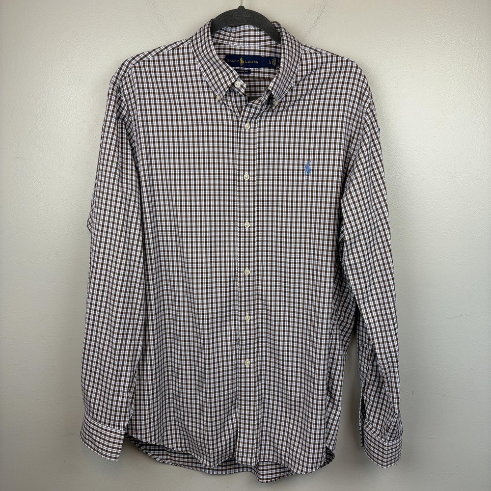 Ralph Lauren Shirt Mens‎ Large Brown Check Stretch Button Down Long Sleeve - Picture 2 of 9